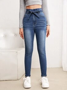 SHEIN 青少年女孩紙袋腰腰帶牛仔褲 - 深色水洗藍 - 查看 6