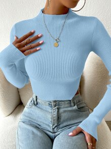 Chiquease Mock Neck Rib-knit Crop Jumper - Baby Blue - View 3