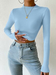 Chiquease Mock Neck Rib-knit Crop Jumper - Baby Blue - View 4
