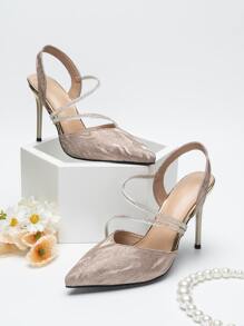 Rhinestone Decor Point Toe Stiletto Heeled Slingback Pumps - Rose Gold - View 1