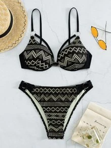 SHEIN Swim Summer Beach Geo Print Push Up Bikini Set - Black - View 3