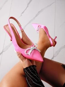 Rhinestone & Bow Decor Slingback Pumps - Pink - View 3