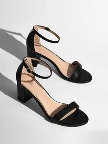 Minimalist Chunky Heeled Ankle Strap Sandals - Black - View 7