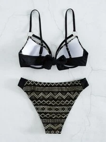 SHEIN Swim Summer Beach Geo Print Push Up Bikini Set - Black - View 4
