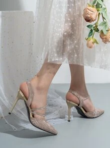 Rhinestone Decor Point Toe Stiletto Heeled Slingback Pumps - Rose Gold - View 3