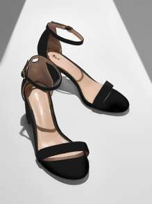 SheIn BIZ 仿麂皮粗跟踝帶涼鞋 - 黑色 - 查看 7