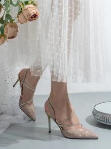 Rhinestone Decor Point Toe Stiletto Heeled Slingback Pumps - Rose Gold - View 4