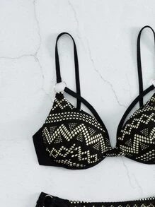 SHEIN Swim Summer Beach Geo Print Push Up Bikini Set - Black - View 6
