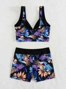 SHEIN Swim Summer Beach Tropical Print Tankini Set Wrap Tank Top & V-Waist Shorts 2 Piece Bathing Suit