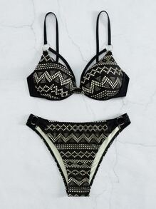 SHEIN Swim Summer Beach Geo Print Push Up Bikini Set - Black - View 7