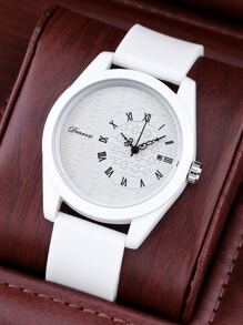 男士圓形指針石英手錶 - 白色 - 查看 2