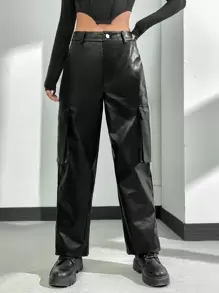 SHEIN Coolane 翻蓋口袋PU皮革工裝褲 - 黑色 - 查看 1