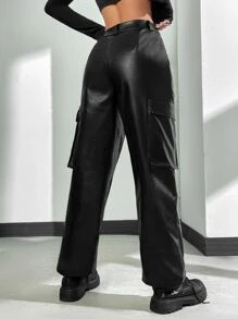 SHEIN Coolane 翻蓋口袋PU皮革工裝褲 - 黑色 - 查看 3