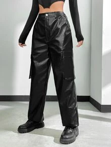 SHEIN Coolane 翻蓋口袋PU皮革工裝褲 - 黑色 - 查看 4
