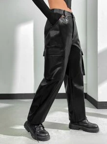 SHEIN Coolane 翻蓋口袋PU皮革工裝褲 - 黑色 - 查看 2