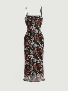 SHEIN MOD 印花木耳邊網紗吊帶洋裝 - 彩色 - 查看 1