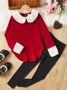 SHEIN Girls Peter-pan Collar Contrast Fuzzy Trim Tee & Leggings - Multicolor - View 1