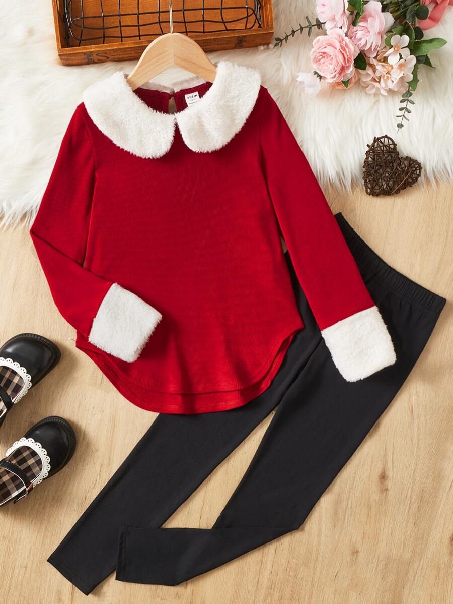 SHEIN Girls Peter-pan Collar Contrast Fuzzy Trim Tee & Leggings - Multicolor - View 1