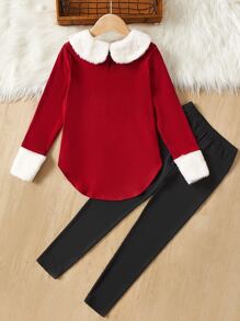 SHEIN Girls Peter-pan Collar Contrast Fuzzy Trim Tee & Leggings - Multicolor - View 2
