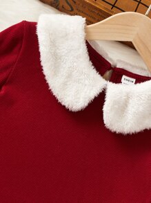 SHEIN Girls Peter-pan Collar Contrast Fuzzy Trim Tee & Leggings - Multicolor - View 4