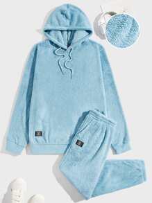 Manfinity Men Letter Patched Drawstring Flannel Hoodie & Trousers - Mint Blue - View 1