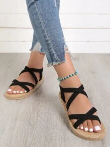 女性交叉仿麂皮露跟涼鞋