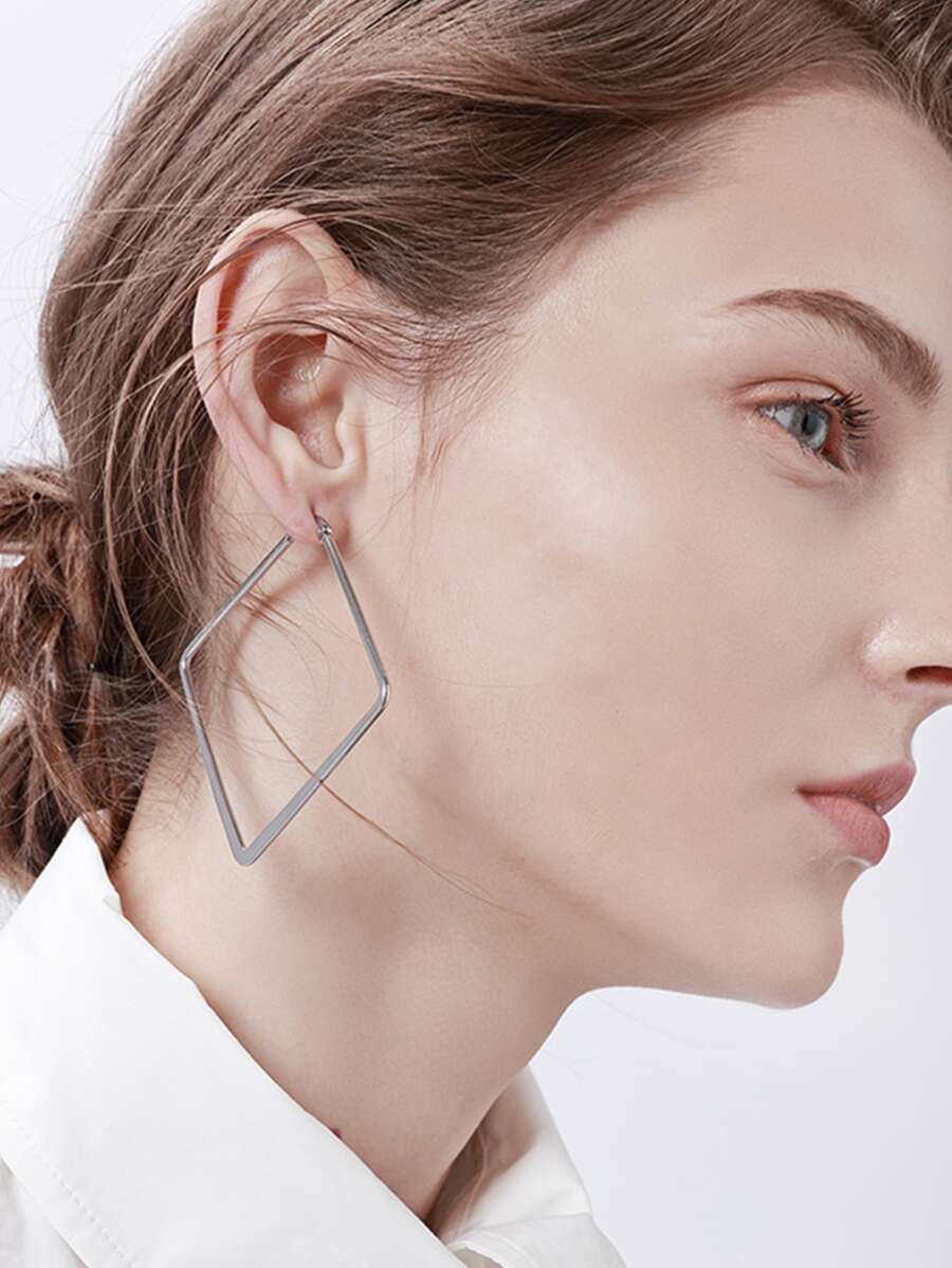 方形設計圓耳環 - 銀色 - 查看 1