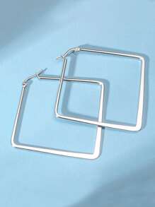 方形設計圓耳環 - 銀色 - 查看 5