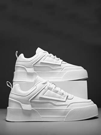 Sporty White Sneakers For Men, Minimalist Stitch Detail Lace-Up Front Skate Shoes Men’S Casual Shoes