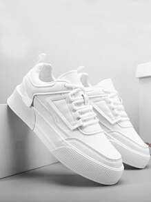 Sporty White Sneakers For Men, Minimalist Stitch Detail Lace-Up Front Skate Shoes Men’S Casual Shoes