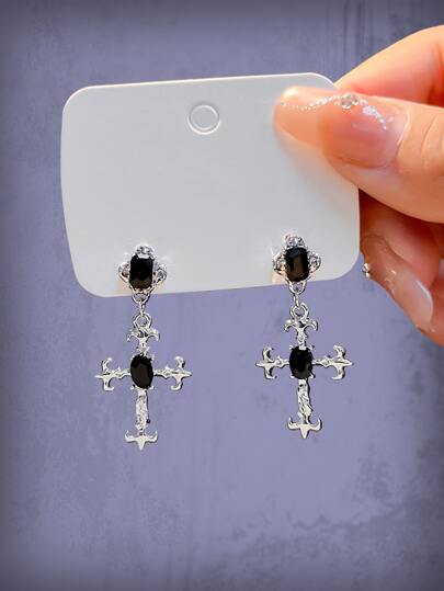 Goth Rhinestone Decor Cross Drop Earrings