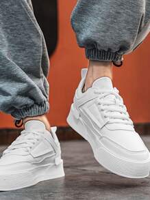 Sporty White Sneakers For Men, Minimalist Stitch Detail Lace-Up Front Skate Shoes Men’S Casual Shoes