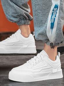Sporty White Sneakers For Men, Minimalist Stitch Detail Lace-Up Front Skate Shoes Men’S Casual Shoes
