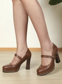 極簡風格防水台粗跟瑪麗珍淺口皮鞋 - 巧克力棕 - 查看 5