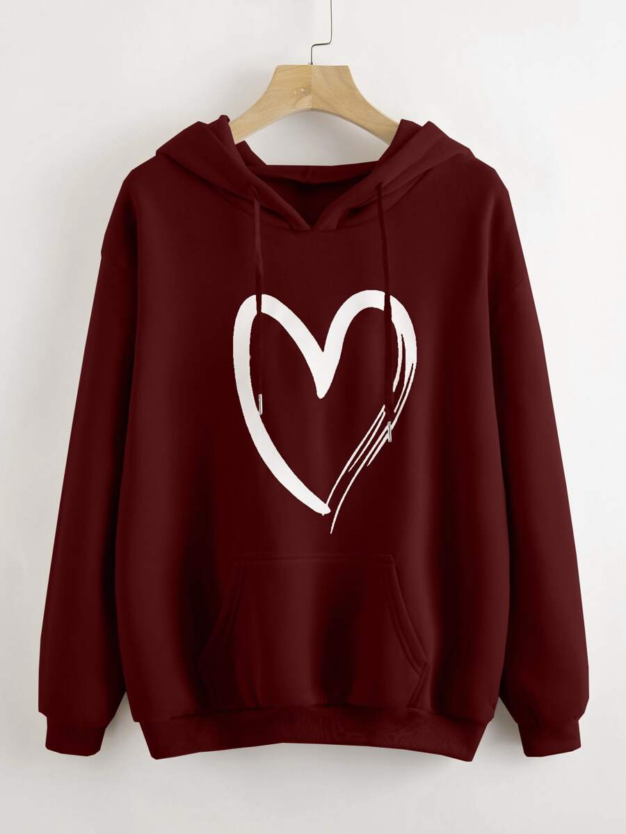 SHEIN Unity Heart Print Kangaroo Pocket Drawstring Hoodie - Burgundy - View 1