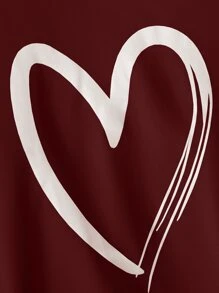 SHEIN Unity Heart Print Kangaroo Pocket Drawstring Hoodie - Burgundy - View 4