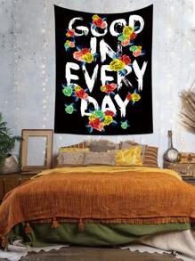 Floral & Slogan Graphic Tapestry - Multicolor - View 1