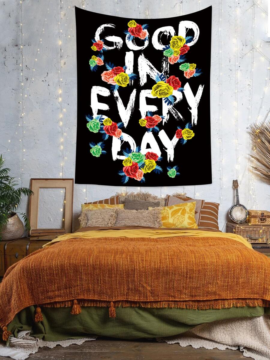 Floral & Slogan Graphic Tapestry - Multicolor - View 1