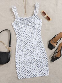 Soleia Frilled Strap Tie Front Ruched Bust Ditsy  Floral Dress - Blue and White - View 1