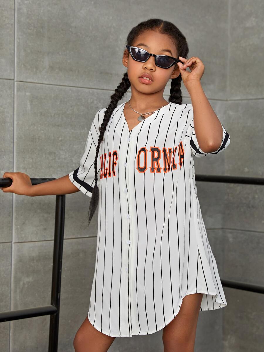 SHEIN Girls Striped & Letter Graphic Drop Shoulder Shirt Dress - White - View 1