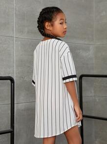 SHEIN Girls Striped & Letter Graphic Drop Shoulder Shirt Dress - White - View 2