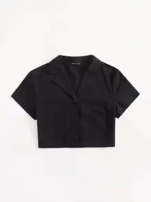 SHEIN EZwear Notched Collar Buttoned Front Blouse - Black - View 4