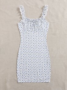 Soleia Frilled Strap Tie Front Ruched Bust Ditsy  Floral Dress - Blue and White - View 4