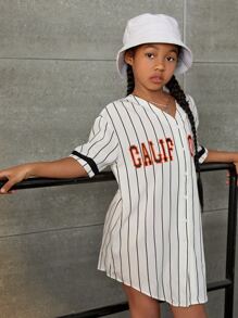 SHEIN Girls Striped & Letter Graphic Drop Shoulder Shirt Dress - White - View 5