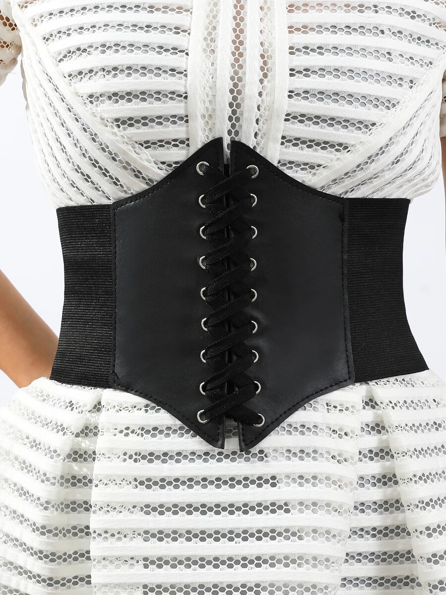 Lace-up Front Corset Belt - Black - View 1