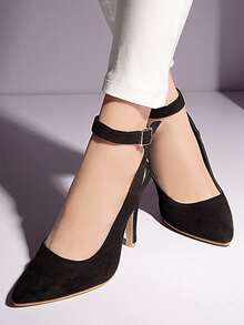 極簡風格尖頭細跟仿麂皮踝帶高跟鞋 - 黑色 - 查看 4