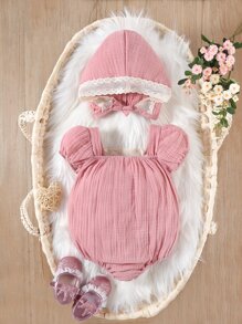 嬰兒女童對比蕾絲泡泡袖方領連體褲 - 藕粉色 - 查看 11