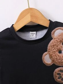 SHEIN Toddler Boys Bear Embroidery Tee - Black - View 3
