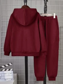 SHEIN Boys Letter Patched Detail Hoodie & Joggers - Burgundy - View 2