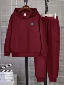 SHEIN Boys Letter Patched Detail Hoodie & Joggers - Burgundy - View 3